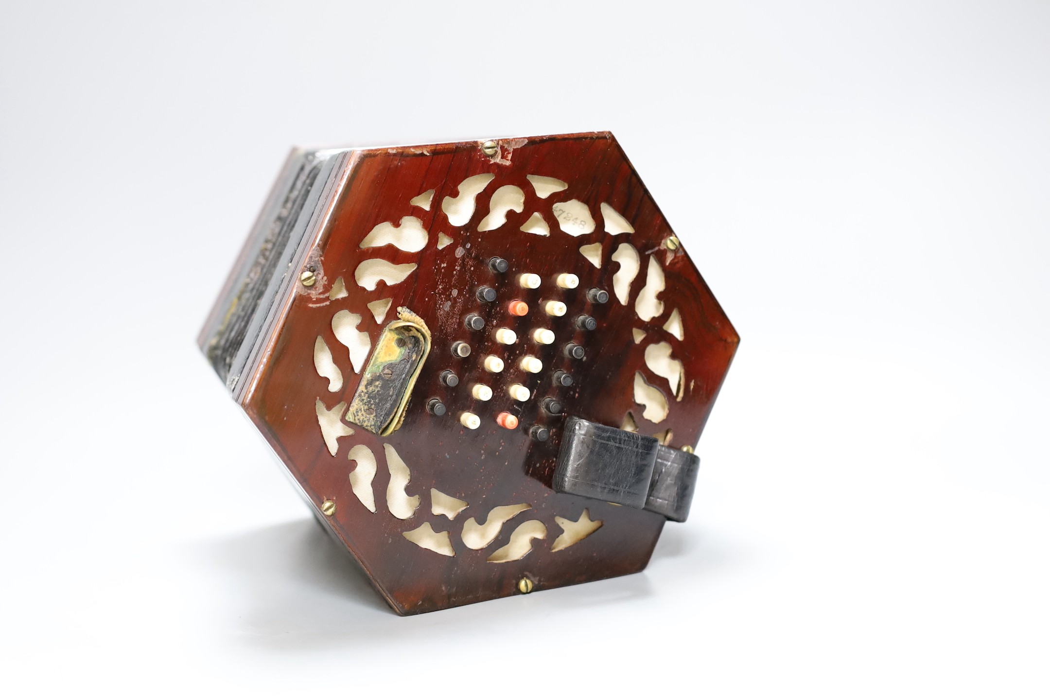 A cased Lachanel & Co rosewood concertina with bone keys, c.1900